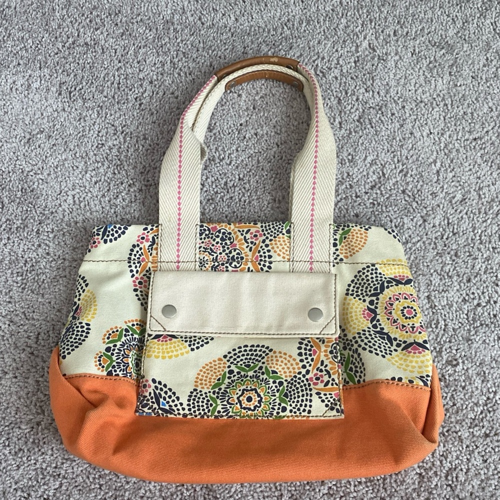 Fossil LENA Shopper Tote Bag Canvas Cream Orange Shoulder Satchel Handbag